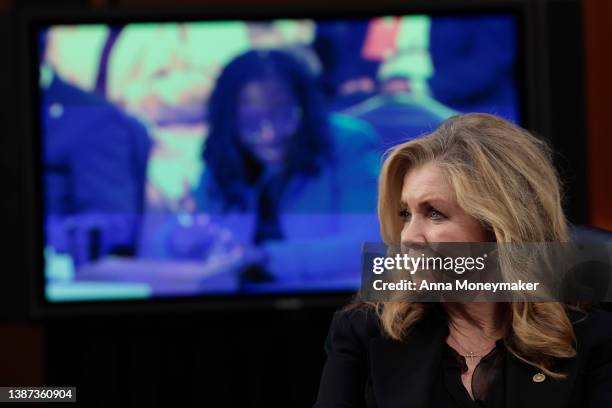 Sen. Marsha Blackburn listens to testimony from Supreme Court nominee Judge Ketanji Brown Jackson during her Senate Judiciary Committee confirmation...