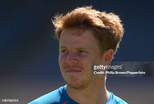 Ollie Pope of England looks on during a training session before Thursday's third Test against West Indies at Grenada National Cricket Stadium on...