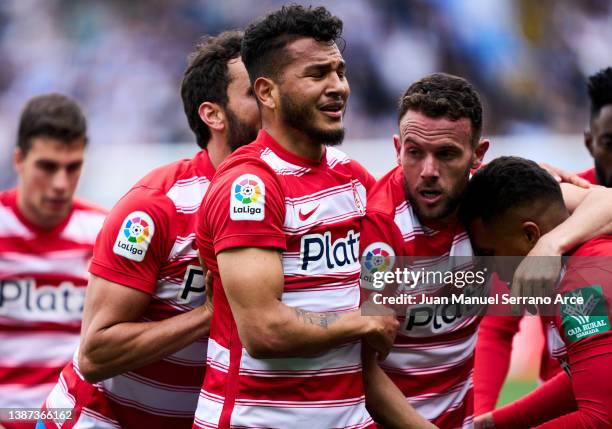 Luis Suarez of Granada CF celebrates after scoring his team's third goal during the LaLiga Santander match between Deportivo Alaves and Granada CF at...