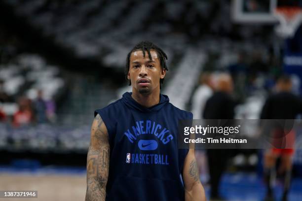 Trey Burke of the Dallas Mavericks on the court before the game against the Houston Rockets at American Airlines Center on March 23, 2022 in Dallas,...