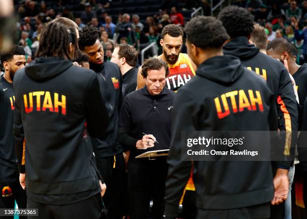 Head coach Quin Snyder of the Utah Jazz talks to the plays before the game against the Boston Celtics at TD Garden on March 23, 2022 in Boston,...