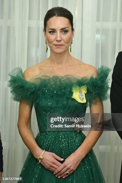 Catherine, Duchess of Cambridge and Prince William, Duke of Cambridge attend a dinner hosted by the Governor General of Jamaica at King's House on...