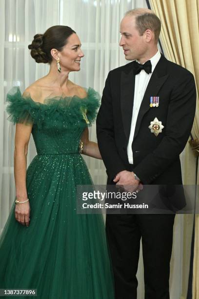 Catherine, Duchess of Cambridge and Prince William, Duke of Cambridge attend a dinner hosted by the Governor General of Jamaica at King's House on...