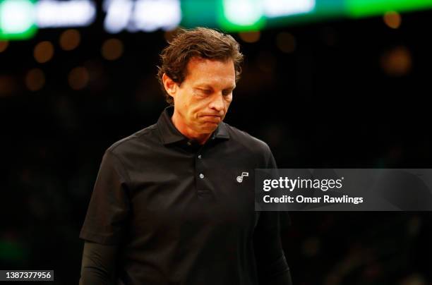 Head coach Quin Snyder of the Utah Jazz looks on during the game against the Boston Celtics at TD Garden on March 23, 2022 in Boston, Massachusetts....