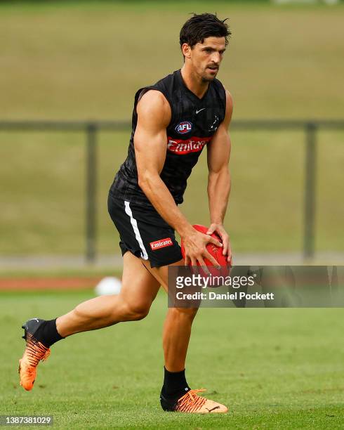 Scott Pendlebury of the Magpies in action during a Collingwood Magpies AFL training session at Olympic Park on March 24, 2022 in Melbourne, Australia.