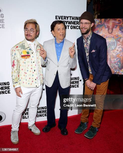 Dan Kwan, James Hong and Daniel Scheinert attend the premiere of A24's "Everything Everywhere All At Once" at The Theatre at Ace Hotel on March 23,...