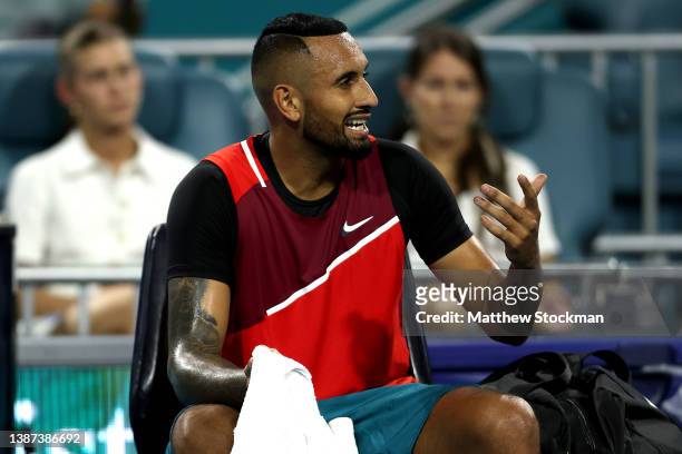 Nick Kyrgios of Australia talks to the chair umpire between games against Adrian Mannarino of Frace during the Miami Open at Hard Rock Stadium on...