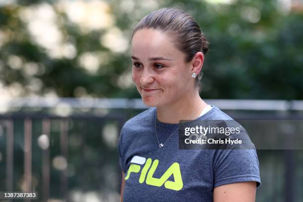 Ash Barty speaks to the media during a press conference at the Westin on March 24, 2022 in Brisbane, Australia. Barty announced her retirement from...