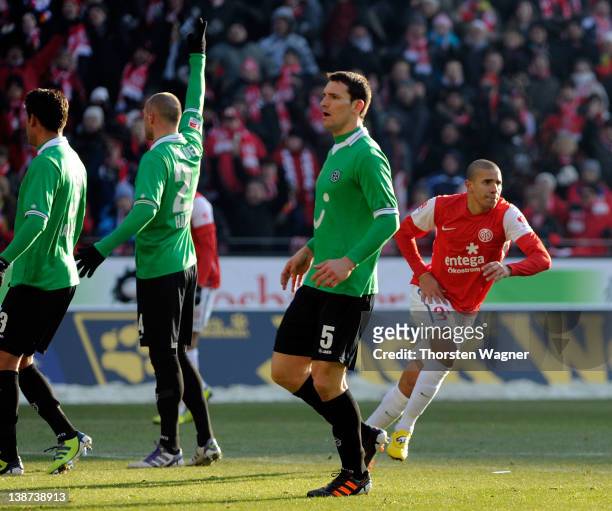 Mohamed Zidan of Mainz celebrates after scoring his teams first goal during the Bundesliga match between FSV Mainz 05 and Hannover 96 at Coface Arena...