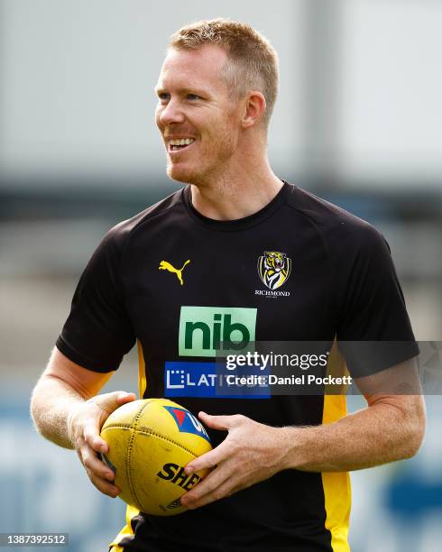 Jack Riewoldt of the Tigers reacts during a Richmond Tigers AFL training session at Punt Road Oval on March 24, 2022 in Melbourne, Australia.