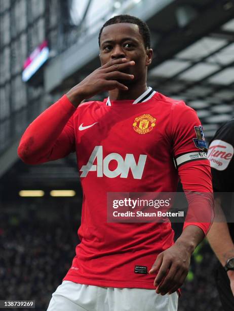 Patrice Evra of Manchester United celebrates victory after the Barclays Premier League match between Manchester United and Liverpool at Old Trafford...