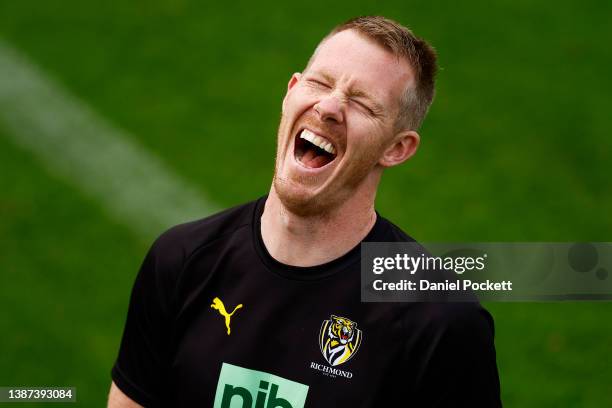 Jack Riewoldt of the Tigers reacts during a Richmond Tigers AFL training session at Punt Road Oval on March 24, 2022 in Melbourne, Australia.