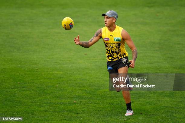 Shai Bolton of the Tigers in action during a Richmond Tigers AFL training session at Punt Road Oval on March 24, 2022 in Melbourne, Australia.