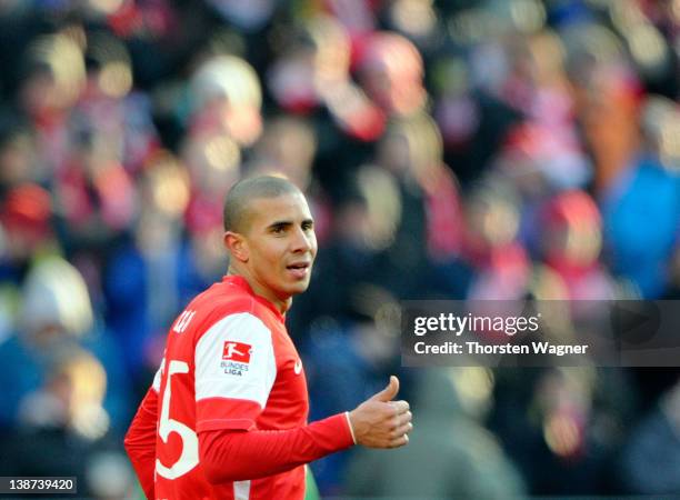 Mohamed Zidan of Mainz gestures during the Bundesliga match between FSV Mainz 05 and Hannover 96 at Coface Arena on February 11, 2012 in Mainz,...