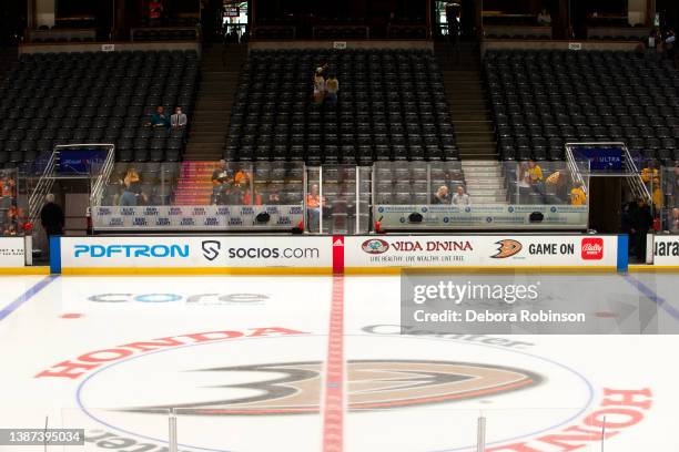 Empty bench at Honda Center prior to the game between the Anaheim Ducks against the Nashville Predators on March 21, 2022 in Anaheim, California.