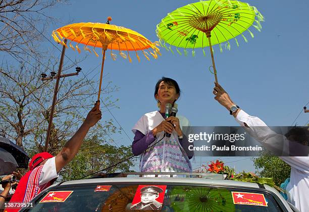 Myanmar opposition leader Aung San Suu Kyi takes her campaign for a parliament seat to the southern constituency she hopes to represent February 11,...