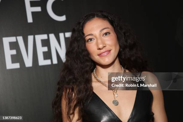 Forward Player Christen ress attends the Angel City Football Club celebration of the release of the official ACFC Anthem "Running With The Angels" at...