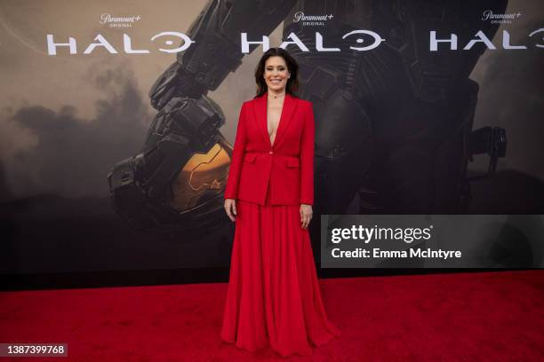 Angie Cepeda attends the Paramount+ new series 'HALO' season 1 Los Angeles premiere at Hollywood Legion Theater on March 23, 2022 in Los Angeles,...