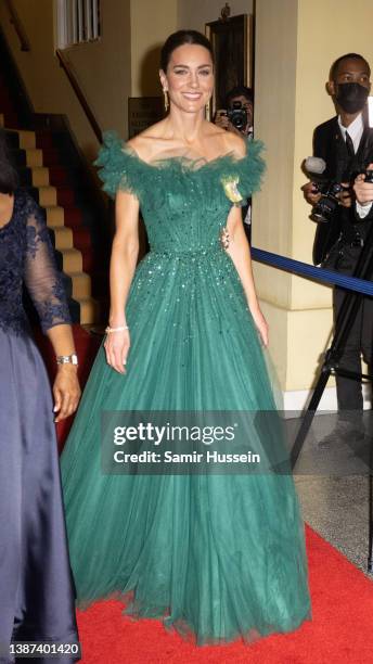 Catherine, Duchess of Cambridge attends a dinner hosted by the Governor General of Jamaica at King's House on March 23, 2022 in Kingston, Jamaica.