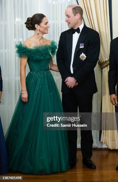 Catherine, Duchess of Cambridge and Prince William, Duke of Cambridge attend a dinner hosted by the Governor General of Jamaica at King's House on...