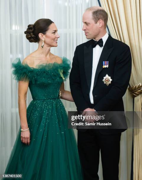 Catherine, Duchess of Cambridge and Prince William, Duke of Cambridge attend a dinner hosted by the Governor General of Jamaica at King's House on...