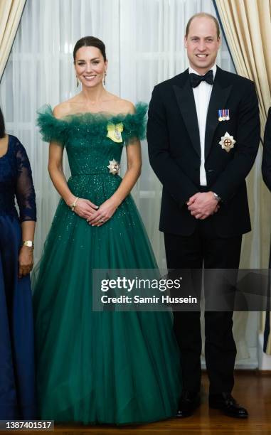 Catherine, Duchess of Cambridge and Prince William, Duke of Cambridge attend a dinner hosted by the Governor General of Jamaica at King's House on...