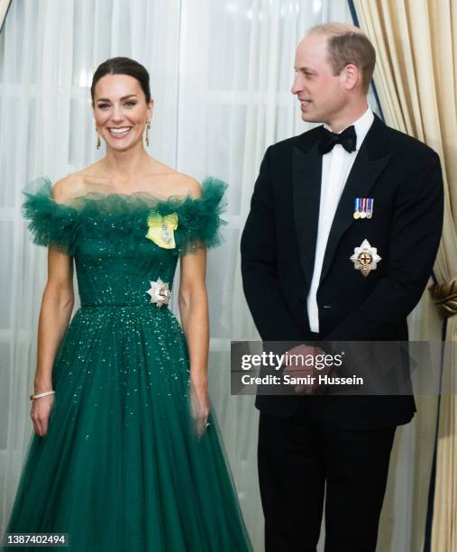 Catherine, Duchess of Cambridge and Prince William, Duke of Cambridge attend a dinner hosted by the Governor General of Jamaica at King's House on...