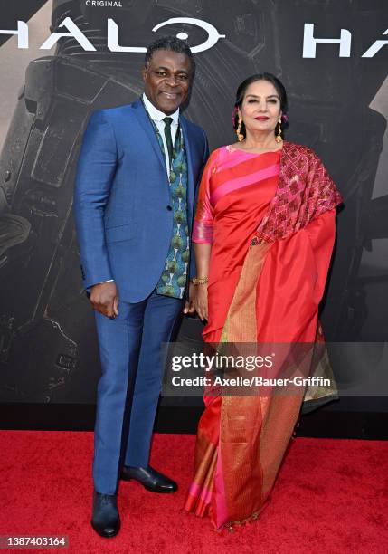 Danny Sapani and Shabana Azmi attend the Paramount+ New Series "HALO" Season 1 Los Angeles Premiere at Hollywood Legion Theater on March 23, 2022 in...