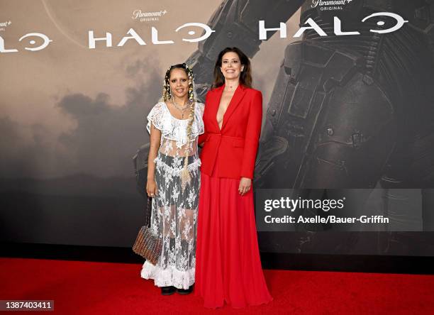 Olive Gray and Angie Cepeda attend the Paramount+ New Series "HALO" Season 1 Los Angeles Premiere at Hollywood Legion Theater on March 23, 2022 in...