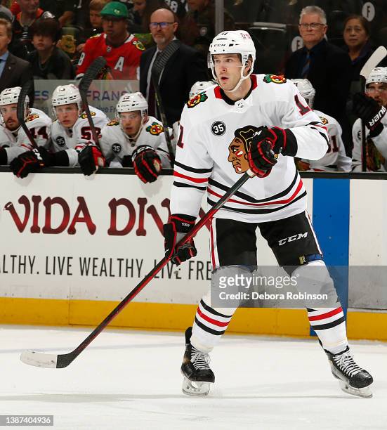 Taylor Raddysh of the Chicago Blackhawks skates during the game against the Anaheim Ducks at Honda Center on March 23, 2022 in Anaheim, California.