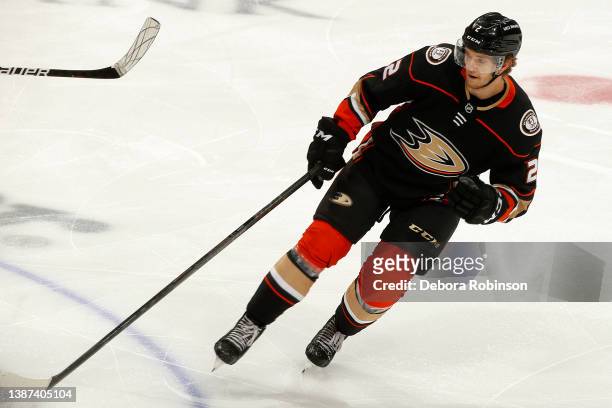 Brendan Guhle of the Anaheim Ducks skates during the game against the Chicago Blackhawks at Honda Center on March 23, 2022 in Anaheim, California.