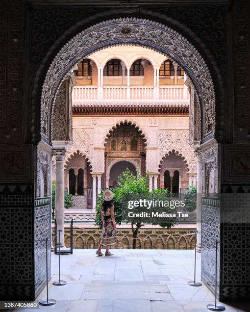 woman in courtyard at alcazar of seville - alcanzar stock-fotos und bilder