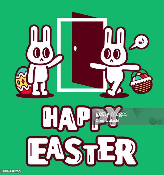 two bunnies greeting to each other before entering through the door, with happy easter handwriting text and a basket of easter eggs. - funny easter eggs 幅插畫檔、美工圖案、卡通及圖標