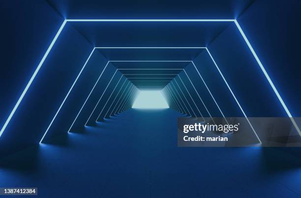 3d rendering, background space emitting blue light - neon tunnel stock pictures, royalty-free photos & images