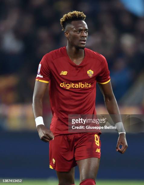 Tammy Abraham of AS Roma looks on during the Serie A match between AS Roma and SS Lazio at Stadio Olimpico on March 20, 2022 in Rome, Italy.