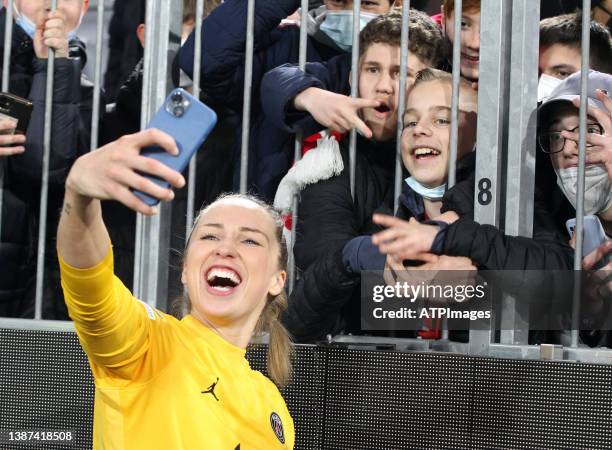 Barbora Votikova, Keeper of PSG celebrate during the UEFA Women's Champions League quarter Final First Leg match between Bayern Munchen and Paris...