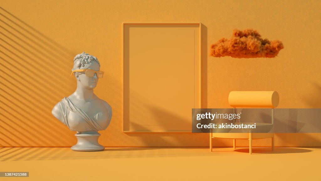 Moderna escultura de quadro vazio interior fundo laranja