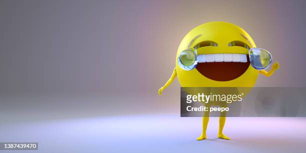 3d face with tears of joy emoji character with arms and legs - comic relief stock pictures, royalty-free photos & images