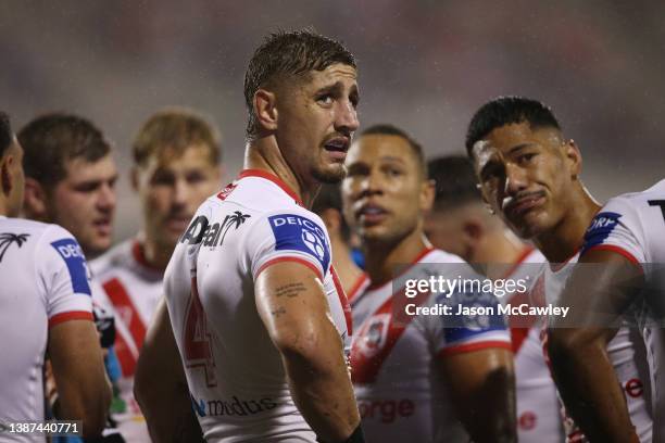 Zac Lomax of the Dragons looks on during the round three NRL match between the St George Illawarra Dragons and the Cronulla Sharks at WIN Stadium on...