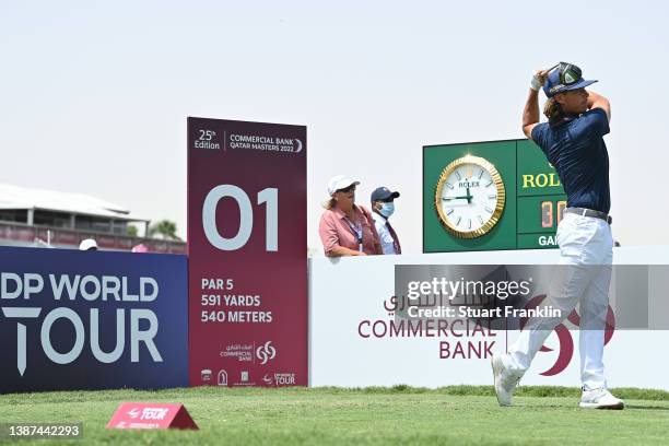 Kristoffer Broberg of Sweden tees off on the 1st hole during Day One of the Commercial Bank Qatar Masters at Doha Golf Club on March 24, 2022 in...