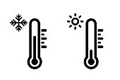 Temperature vector icon set. Thermometer equipment showing hot or cold weather. Celsius and fahrenheit meteorology thermometers measuring heat and cold. Vector.