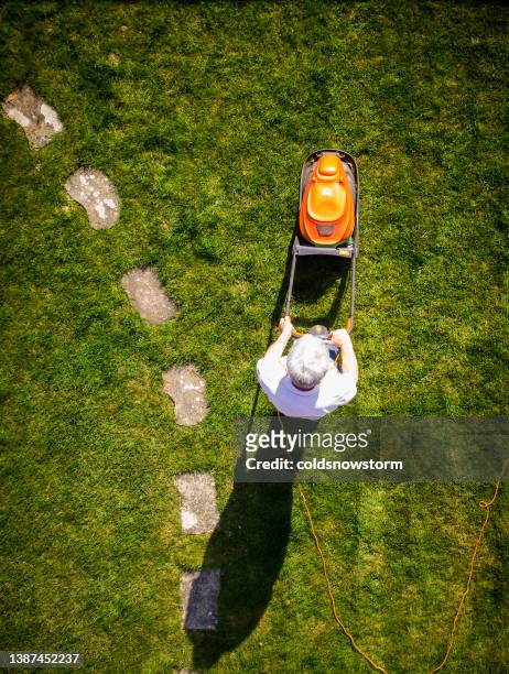 vue aérienne de l’homme tondant l’herbe avec tondeuse à gazon dans le jardin - lawn mowing photos et images de collection
