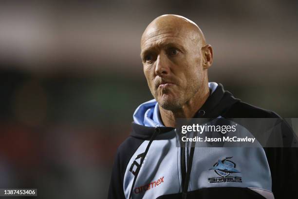 Sharks head coach Craig Fitzgibbon looks on during the round three NRL match between the St George Illawarra Dragons and the Cronulla Sharks at WIN...