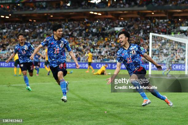 Kaoru Mitoma of Japan celebrates scoring a goal during the FIFA World Cup Qatar 2022 AFC Asian Qualifying match between the Australia Socceroos and...