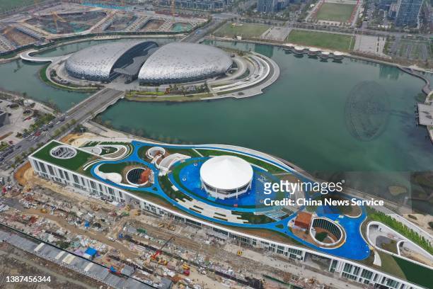 Aerial view of the 3×3 basketball venue for the 19th Asian Games Hangzhou 2022 on March 23, 2022 in Deqing County, Huzhou City, Zhejiang Province of...
