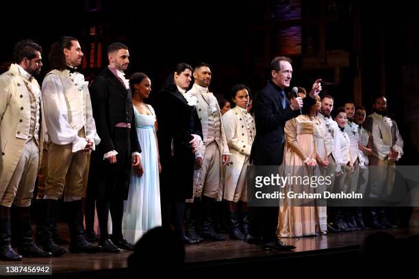 Producer Jeffrey Seller speaks to the audience with the cast of Hamilton Australia on-stage at Her Majesty's Theatre for the opening night curtain...