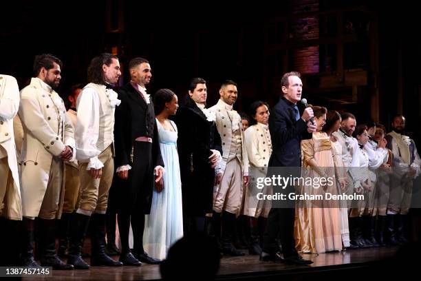 Producer Jeffrey Seller speaks to the audience with the cast of Hamilton Australia on-stage at Her Majesty's Theatre for the opening night curtain...