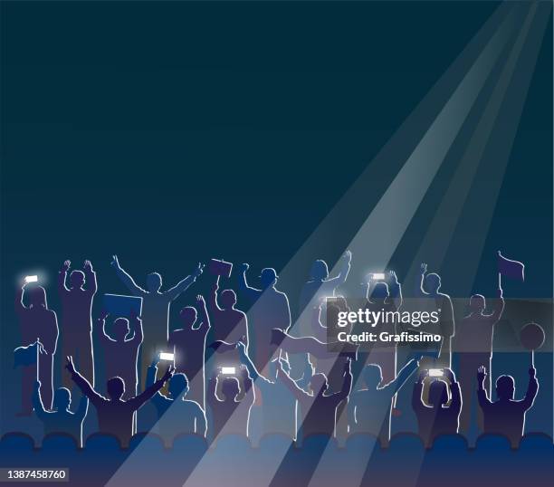 group of people cheering waving supporting on event in stadium - stadium concert stock illustrations