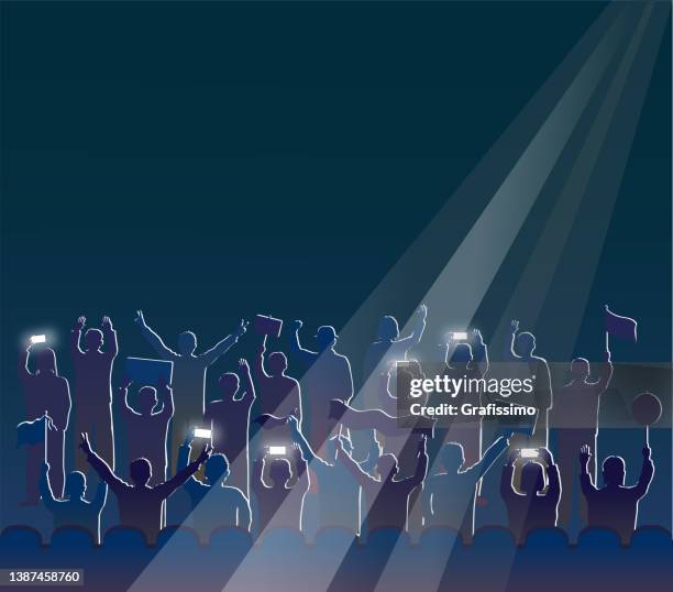 group of people cheering waving supporting on event in stadium - press conference illustration stock illustrations