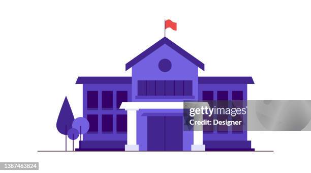 ilustraciones, imágenes clip art, dibujos animados e iconos de stock de ilustración vectorial del concepto de construcción escolar - edificio escolar